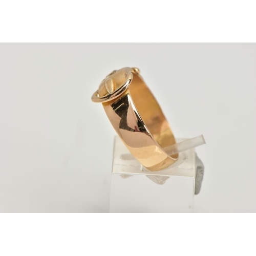 36 - A 18CT GOLD BUCKLE RING, a yellow gold band ring in the style of a buckle, approximate width 7mm, se... 