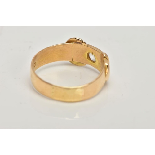 36 - A 18CT GOLD BUCKLE RING, a yellow gold band ring in the style of a buckle, approximate width 7mm, se... 