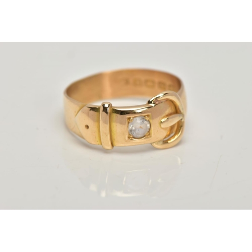 36 - A 18CT GOLD BUCKLE RING, a yellow gold band ring in the style of a buckle, approximate width 7mm, se... 