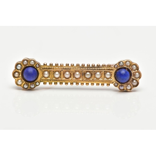 38 - A MID 19TH CENTURY GOLD BROOCH, an Etruscan styled brooch, styled as a bar with circular termination... 