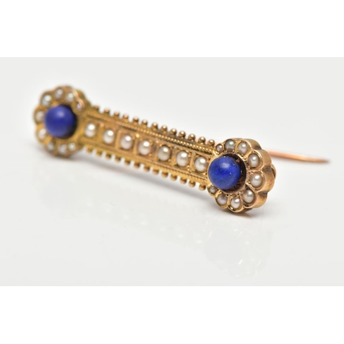 38 - A MID 19TH CENTURY GOLD BROOCH, an Etruscan styled brooch, styled as a bar with circular termination... 