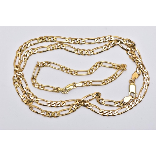 39 - A 9CT GOLD FIGARO CHAIN AND YELLOW METAL FIGARO CHAIN, the first a yellow gold chain necklace, appro... 