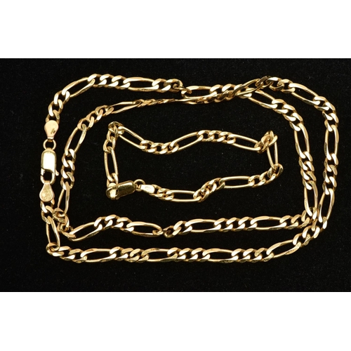 39 - A 9CT GOLD FIGARO CHAIN AND YELLOW METAL FIGARO CHAIN, the first a yellow gold chain necklace, appro... 