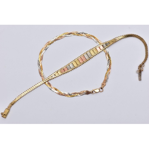 40 - TWO 9CT GOLD BRACELETS, the first a yellow gold chain leading onto a split chain fitted with tri col... 