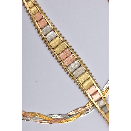 40 - TWO 9CT GOLD BRACELETS, the first a yellow gold chain leading onto a split chain fitted with tri col... 