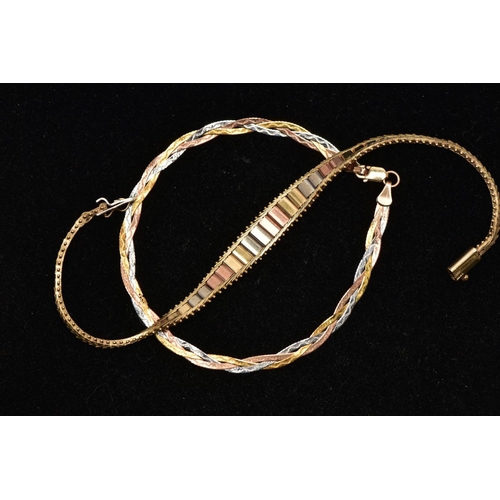 40 - TWO 9CT GOLD BRACELETS, the first a yellow gold chain leading onto a split chain fitted with tri col... 