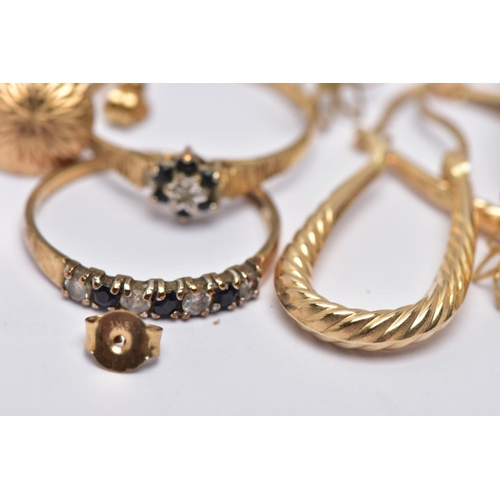 41 - AN ASSORTMENT OF 9CT GOLD AND YELLOW METAL, to include a 9ct gold sapphire and diamond cluster ring,... 