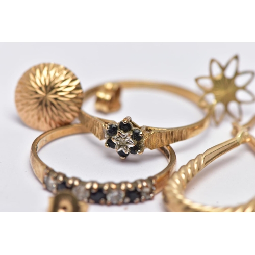 41 - AN ASSORTMENT OF 9CT GOLD AND YELLOW METAL, to include a 9ct gold sapphire and diamond cluster ring,... 