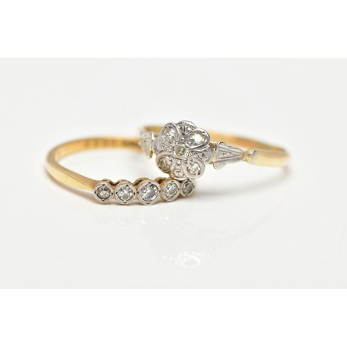 45 - TWO DIAMOND RINGS, the first a white metal floral detailed head set with five single cut diamonds, l... 