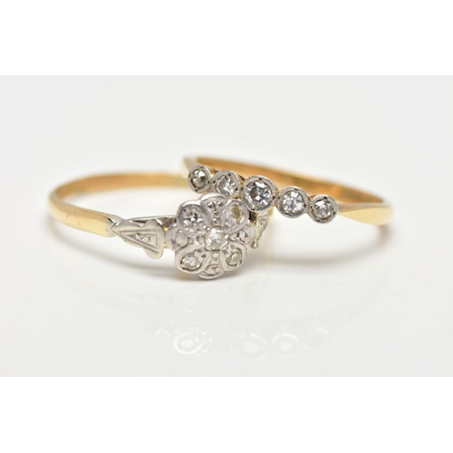 45 - TWO DIAMOND RINGS, the first a white metal floral detailed head set with five single cut diamonds, l... 