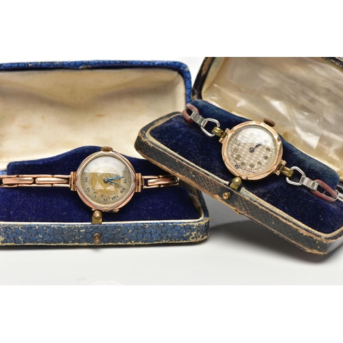 46 - TWO 9CT GOLD LADIES WRISTWATCHES, the first a hand wound movement, patterned dial, Roman numerals, p... 