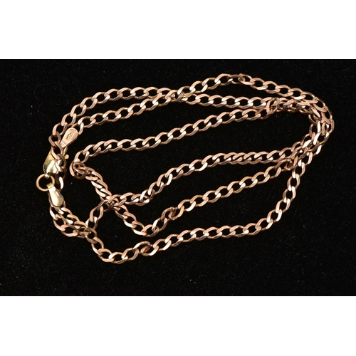 47 - A 9CT GOLD CHAIN NECKLACE, a rose gold flat curb link chain, approximate length 530mm,  fitted with ... 