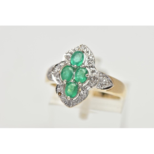 49 - A 9CT YELLOW AND WHITE GOLD  EMERALD AND DIAMOND DRESS RING, set with four oval cut emeralds, within... 