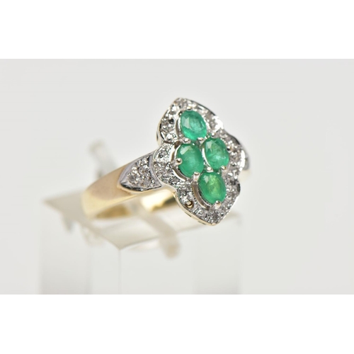 49 - A 9CT YELLOW AND WHITE GOLD  EMERALD AND DIAMOND DRESS RING, set with four oval cut emeralds, within... 