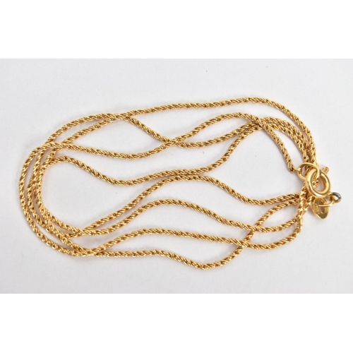 5 - A YELLOW METAL ROPE TWIST CHAIN, fitted with a spring clasp stamped 750 Italian 1 AR marks, length 6... 