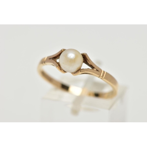 53 - A 9CT YELLOW GOLD CULTURED PEARL RING, set with a part drilled cultured pearl, measuring approximate... 