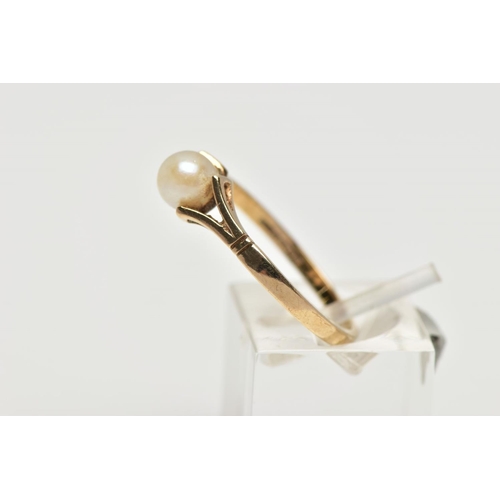 53 - A 9CT YELLOW GOLD CULTURED PEARL RING, set with a part drilled cultured pearl, measuring approximate... 