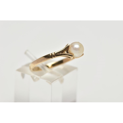 53 - A 9CT YELLOW GOLD CULTURED PEARL RING, set with a part drilled cultured pearl, measuring approximate... 