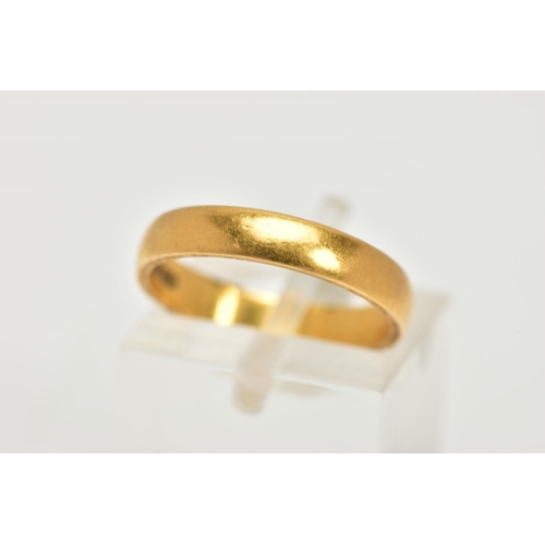 6 - A 22CT GOLD BAND RING, plain polished band, approximate band width 3.4mm, personal engraving to the ... 