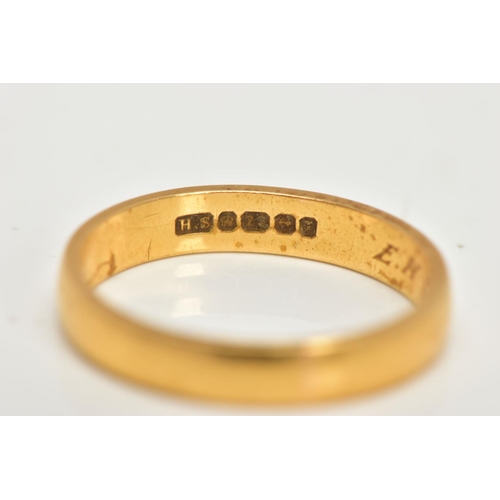 6 - A 22CT GOLD BAND RING, plain polished band, approximate band width 3.4mm, personal engraving to the ... 