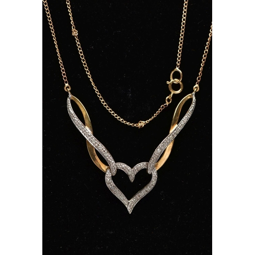 60 - A 9CT GOLD DIAMOND NECKLACE, a modern bi colour festoon style necklace detailing an open heart and t... 