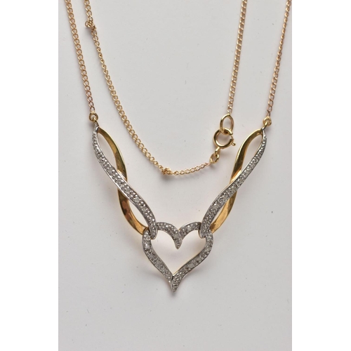 60 - A 9CT GOLD DIAMOND NECKLACE, a modern bi colour festoon style necklace detailing an open heart and t... 