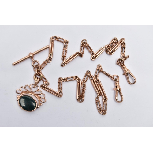 61 - A 9CT GOLD ALBERT CHAIN AND SWIVEL FOB, a modern rose gold fancy link Albert chain fitted with a T-b... 