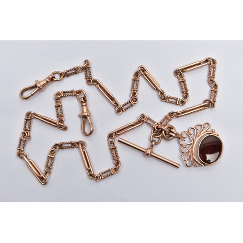 61 - A 9CT GOLD ALBERT CHAIN AND SWIVEL FOB, a modern rose gold fancy link Albert chain fitted with a T-b... 