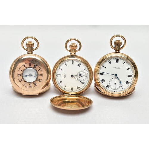 63 - THREE GOLD PLATED POCKET WATCHES, to include a full hunter pocket watch, round white dial, signed 'W... 