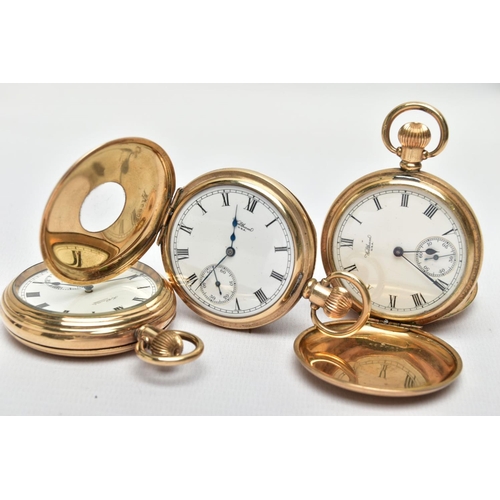 63 - THREE GOLD PLATED POCKET WATCHES, to include a full hunter pocket watch, round white dial, signed 'W... 