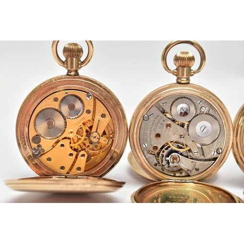 63 - THREE GOLD PLATED POCKET WATCHES, to include a full hunter pocket watch, round white dial, signed 'W... 