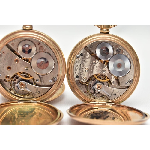 63 - THREE GOLD PLATED POCKET WATCHES, to include a full hunter pocket watch, round white dial, signed 'W... 