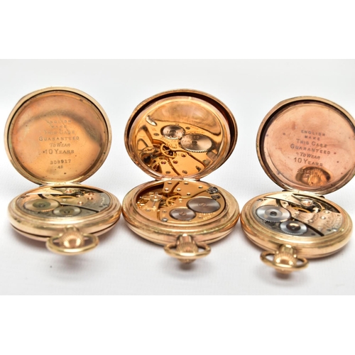 63 - THREE GOLD PLATED POCKET WATCHES, to include a full hunter pocket watch, round white dial, signed 'W... 