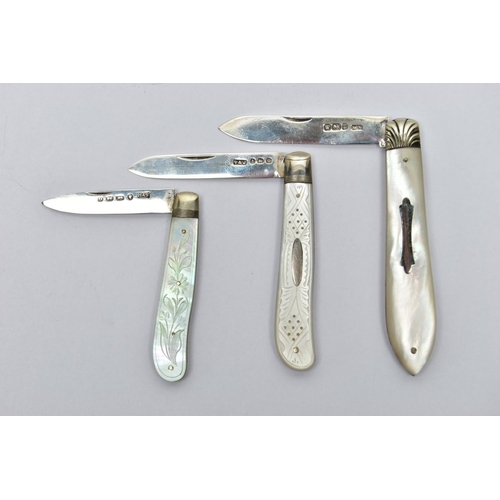 66 - THREE SILVER FRUIT KNIVES, three silver bladed fruit knives with mother of pearl handles, the first ... 