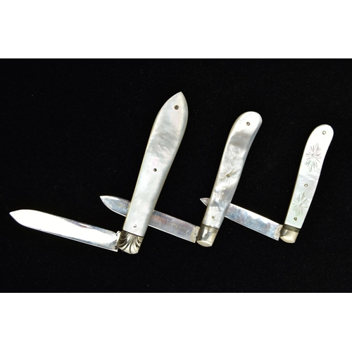 66 - THREE SILVER FRUIT KNIVES, three silver bladed fruit knives with mother of pearl handles, the first ... 