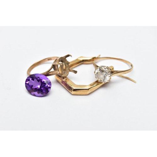 67 - TWO 9CT GOLD RINGS AND A SINGLE EARRING, the first ring designed with a claw set, circular cut colou... 