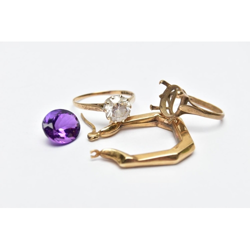 67 - TWO 9CT GOLD RINGS AND A SINGLE EARRING, the first ring designed with a claw set, circular cut colou... 