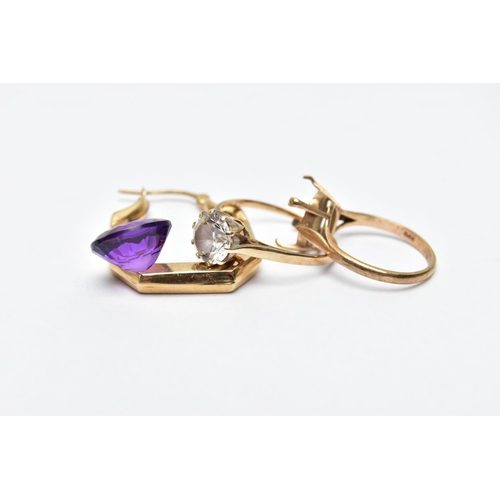 67 - TWO 9CT GOLD RINGS AND A SINGLE EARRING, the first ring designed with a claw set, circular cut colou... 