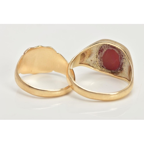 8 - TWO 9CT GOLD SIGNET RINGS, the first set with a square cut carnelian, leading onto a tapered polishe... 