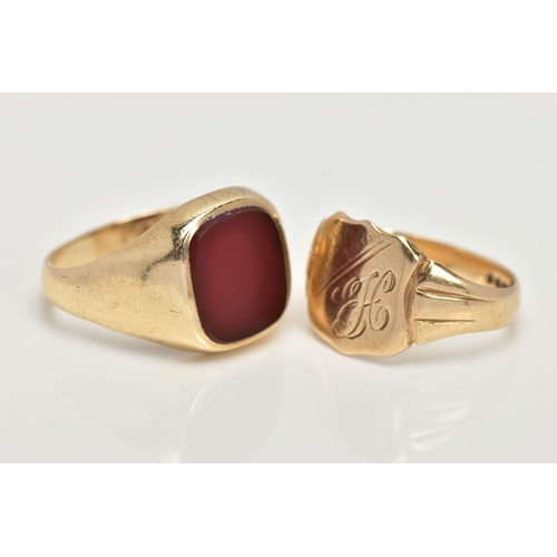 8 - TWO 9CT GOLD SIGNET RINGS, the first set with a square cut carnelian, leading onto a tapered polishe... 