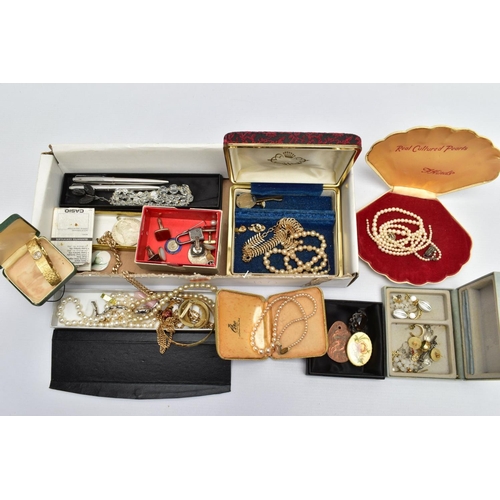 80 - A BOX OF ASSORTED ITEMS, to include imitation pearl necklaces, yellow metal costume chains, pendants... 