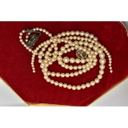 80 - A BOX OF ASSORTED ITEMS, to include imitation pearl necklaces, yellow metal costume chains, pendants... 