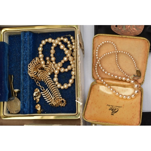 80 - A BOX OF ASSORTED ITEMS, to include imitation pearl necklaces, yellow metal costume chains, pendants... 