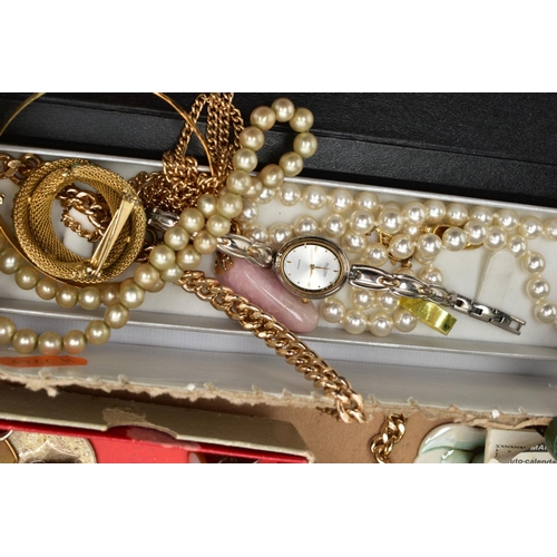 80 - A BOX OF ASSORTED ITEMS, to include imitation pearl necklaces, yellow metal costume chains, pendants... 