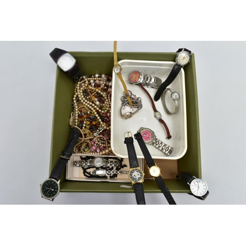 83 - A SELECTION OF WATCHES AND COSTUME JEWELLERY, to include a black glass stylised bead necklace, a 'Fo... 