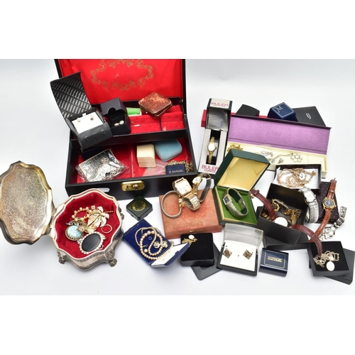 84 - A BOX OF SILVER JEWELLERY AND OTHER ASSORTED ITEMS, to include a 'Mizpah' brooch, an ivy leaf detail... 