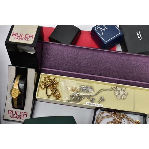 84 - A BOX OF SILVER JEWELLERY AND OTHER ASSORTED ITEMS, to include a 'Mizpah' brooch, an ivy leaf detail... 