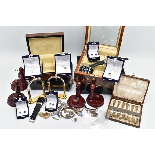 85 - A BOX OF SILVER, DISPLAY BOXES AND STANDS, to include a cased set of six silver jubilee commemorativ... 