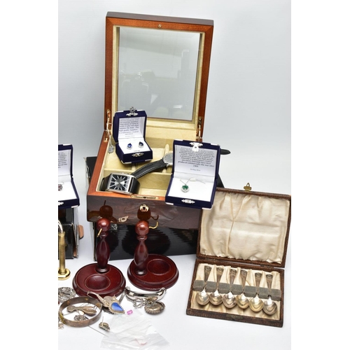 85 - A BOX OF SILVER, DISPLAY BOXES AND STANDS, to include a cased set of six silver jubilee commemorativ... 