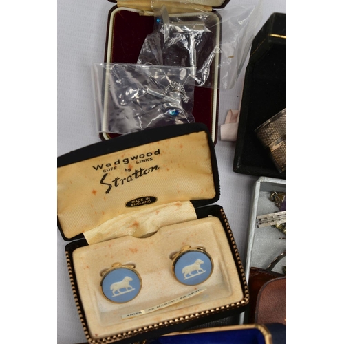 86 - A BOX OF ASSORTED ITEMS, to include a silver napkin ring, hallmarked 'Duncan & Scobbie' Birmingham 1... 